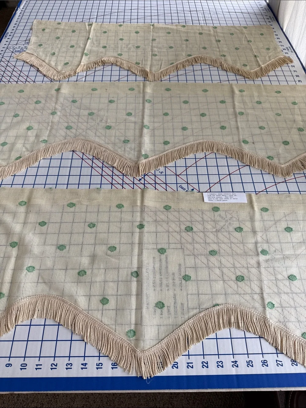 Antique 1920s 1930s Valances Set of 3 Fringed Plaid Green Dot Window Curtains